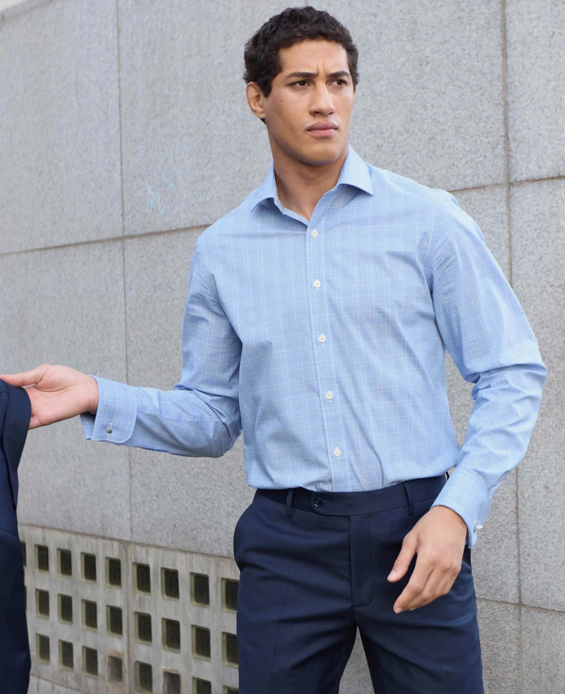Blue Cotton Prince of Wales Check Slim Fit Formal Shirt - Double Cuff
