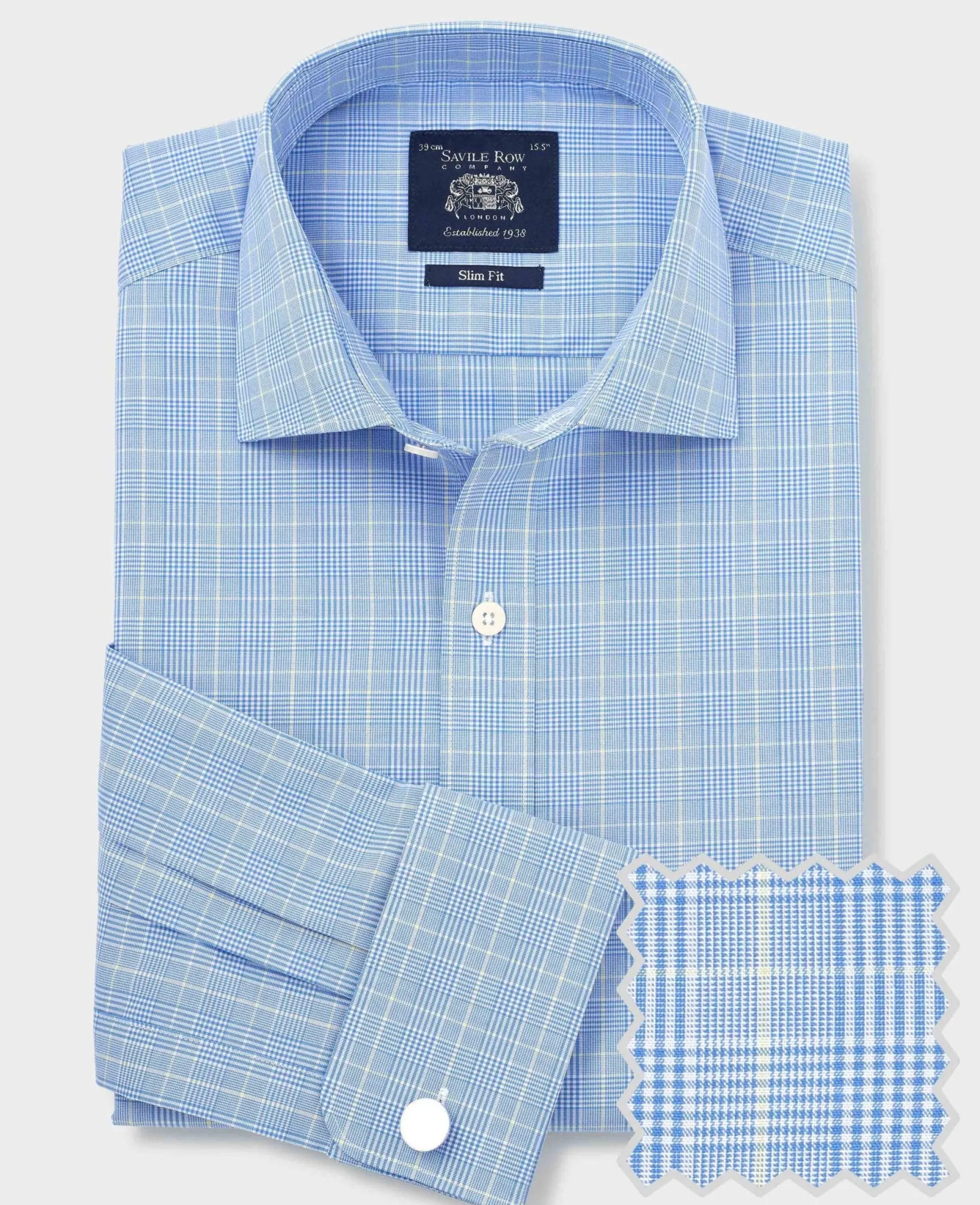 Blue Cotton Prince of Wales Check Slim Fit Formal Shirt - Double Cuff