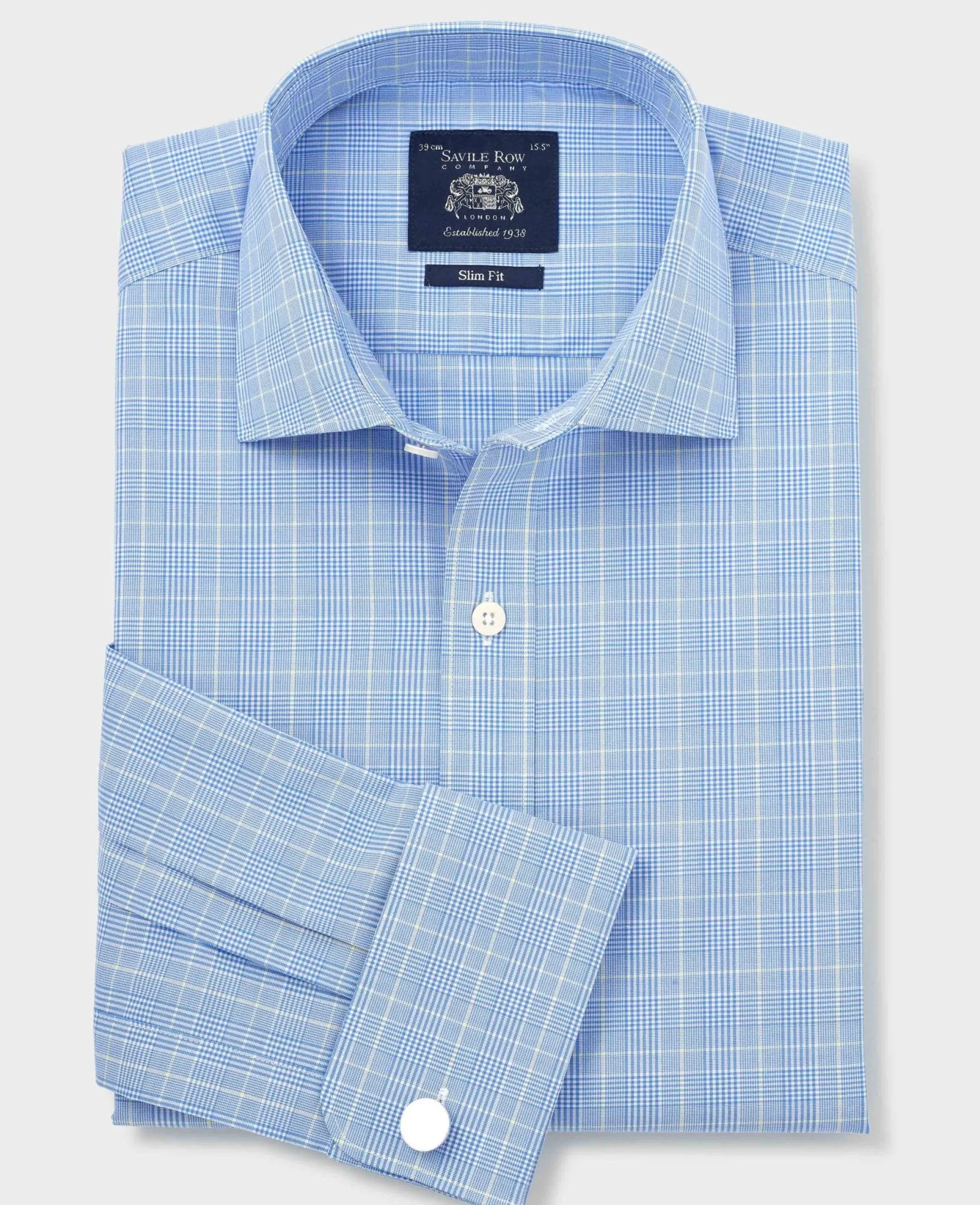 Blue Cotton Prince of Wales Check Slim Fit Formal Shirt - Double Cuff