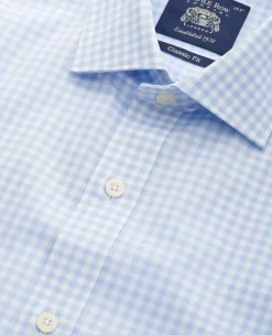 Blue Gingham Check Cotton Poplin Classic Fit Formal Shirt - Single Cuff