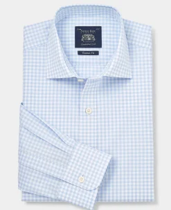 Blue Gingham Check Cotton Poplin Classic Fit Formal Shirt - Single Cuff