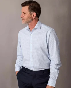 Blue Gingham Check Cotton Poplin Classic Fit Formal Shirt - Single Cuff