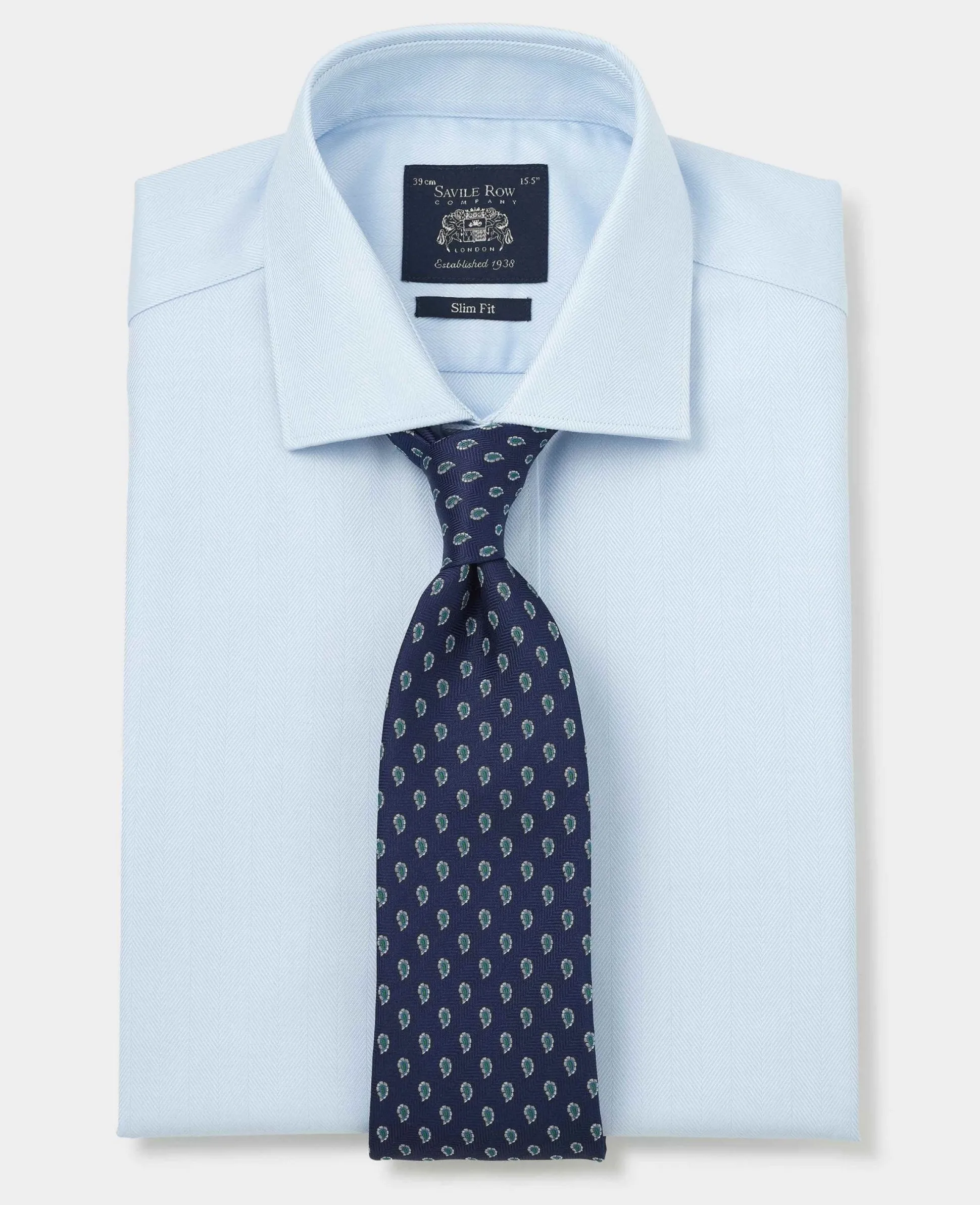 Blue Herringbone Cotton Slim Fit Formal Shirt - Single Cuff
