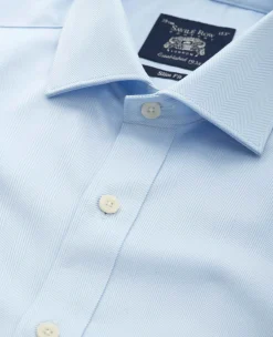 Blue Herringbone Cotton Slim Fit Formal Shirt - Single Cuff