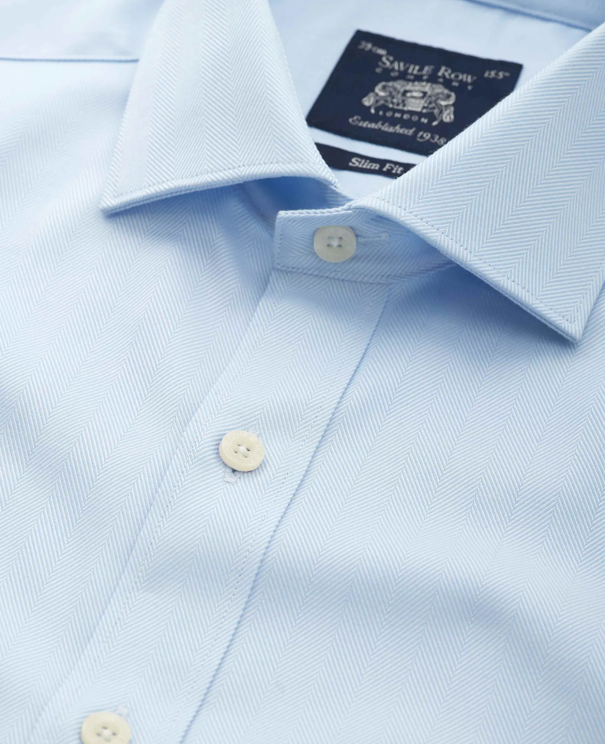 Blue Herringbone Cotton Slim Fit Formal Shirt - Single Cuff