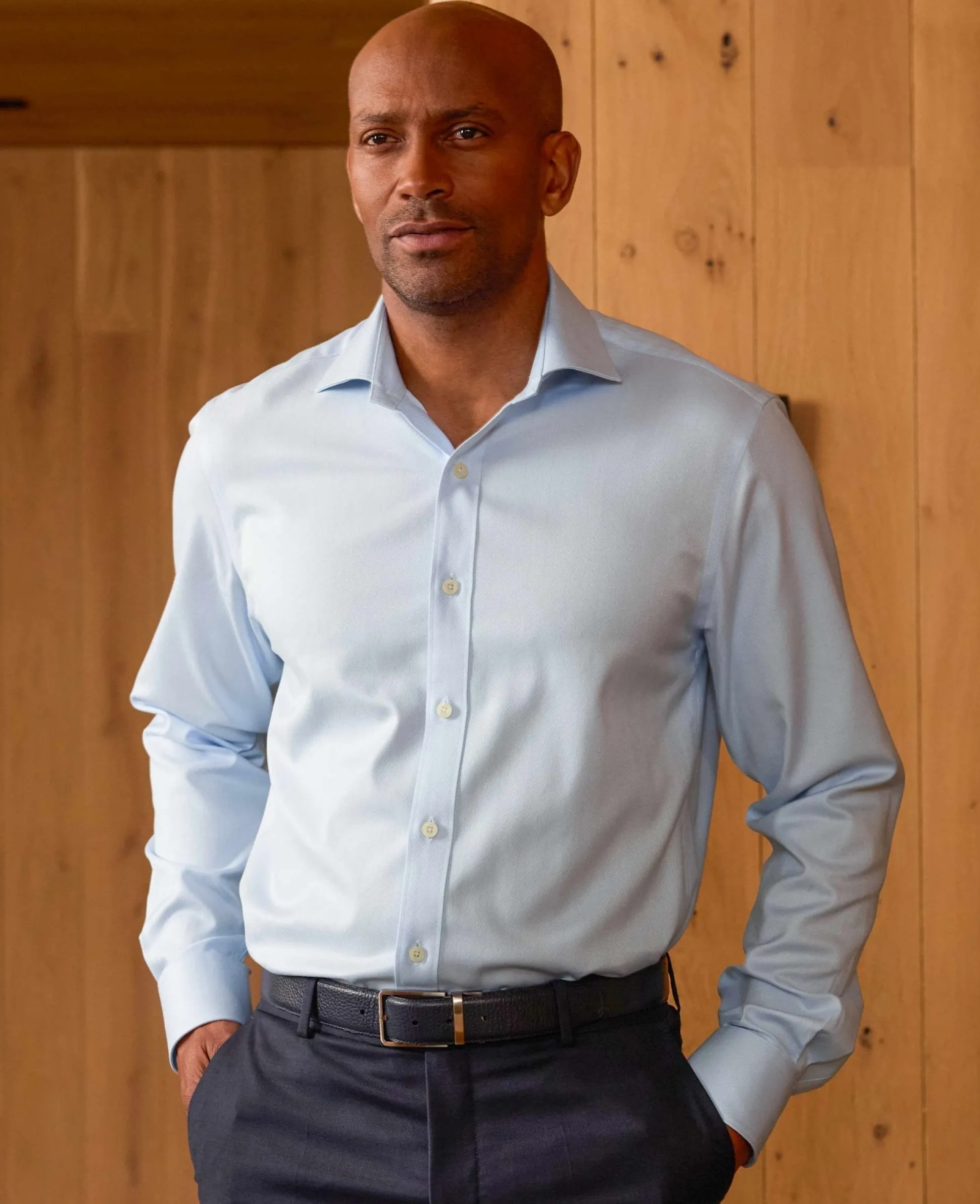 Blue Herringbone Cotton Slim Fit Formal Shirt - Single Cuff