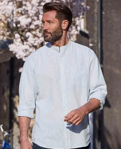 Blue Linen Cotton Stripe Classic Fit Grandad Collar Casual Shirt