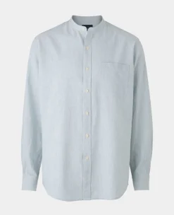Blue Linen Cotton Stripe Classic Fit Grandad Collar Casual Shirt