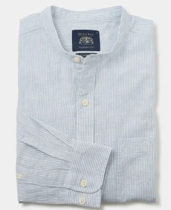 Blue Linen Cotton Stripe Classic Fit Grandad Collar Casual Shirt