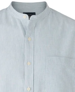 Blue Linen Cotton Stripe Classic Fit Grandad Collar Casual Shirt