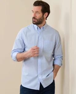 Blue Pink Cotton Poplin Classic Fit Stripe Button-Down Smart Casual Shirt