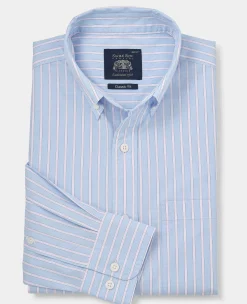 Blue Pink Cotton Poplin Classic Fit Stripe Button-Down Smart Casual Shirt