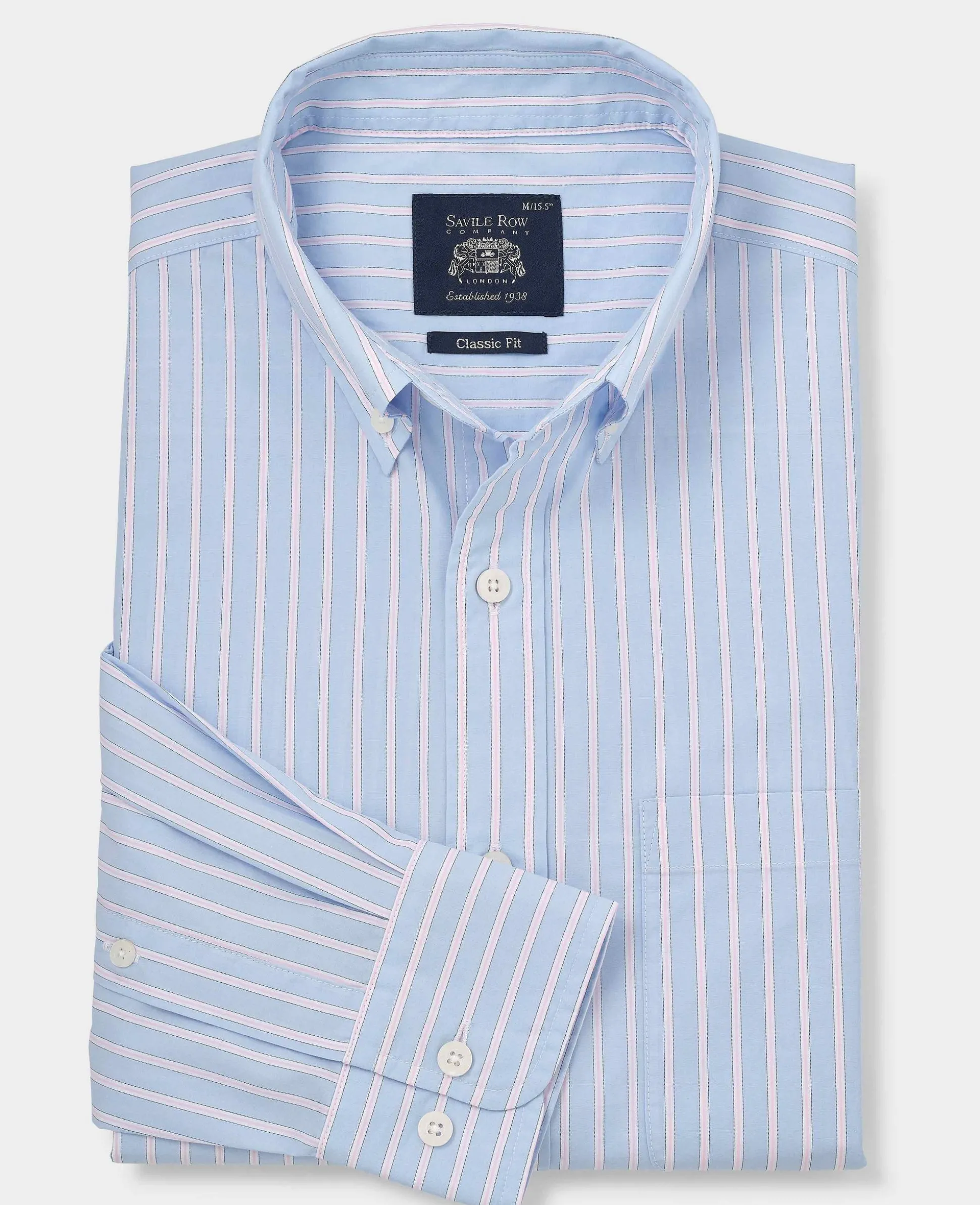 Blue Pink Cotton Poplin Classic Fit Stripe Button-Down Smart Casual Shirt