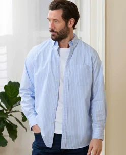 Blue Pink Cotton Poplin Classic Fit Stripe Button-Down Smart Casual Shirt