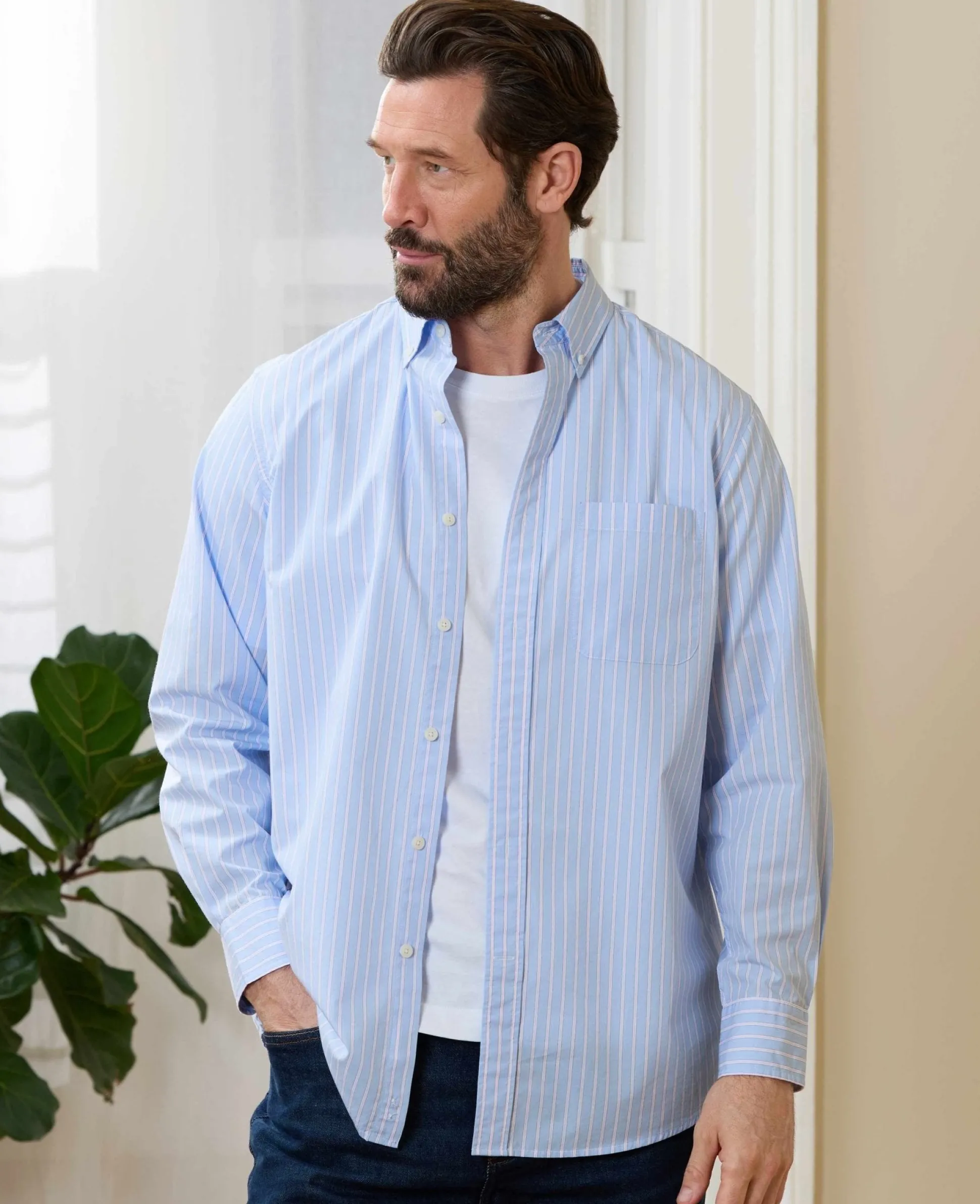 Blue Pink Cotton Poplin Classic Fit Stripe Button-Down Smart Casual Shirt