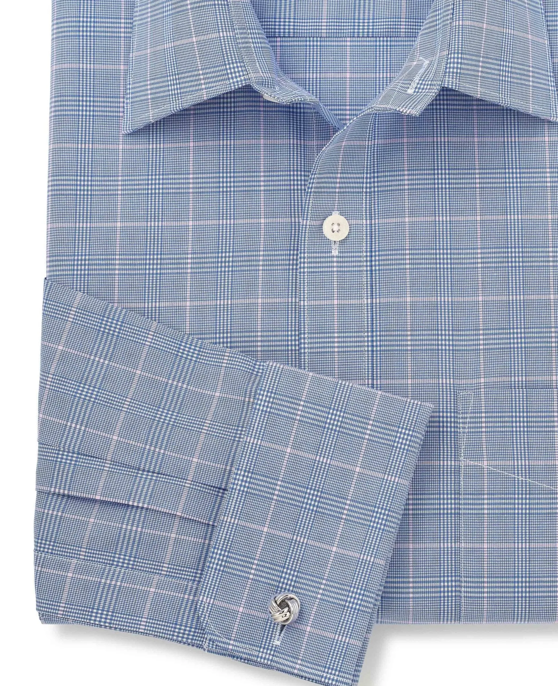 Blue Prince of Wales Check Cotton Classic Fit Winchester Formal Shirt - Double Cuff