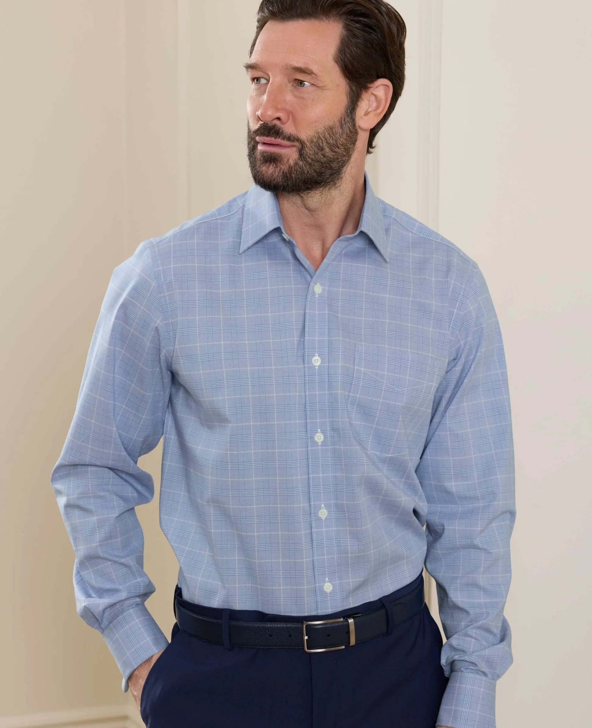 Blue Prince of Wales Check Cotton Classic Fit Winchester Formal Shirt - Double Cuff