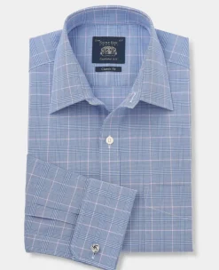 Blue Prince of Wales Check Cotton Classic Fit Winchester Formal Shirt - Double Cuff
