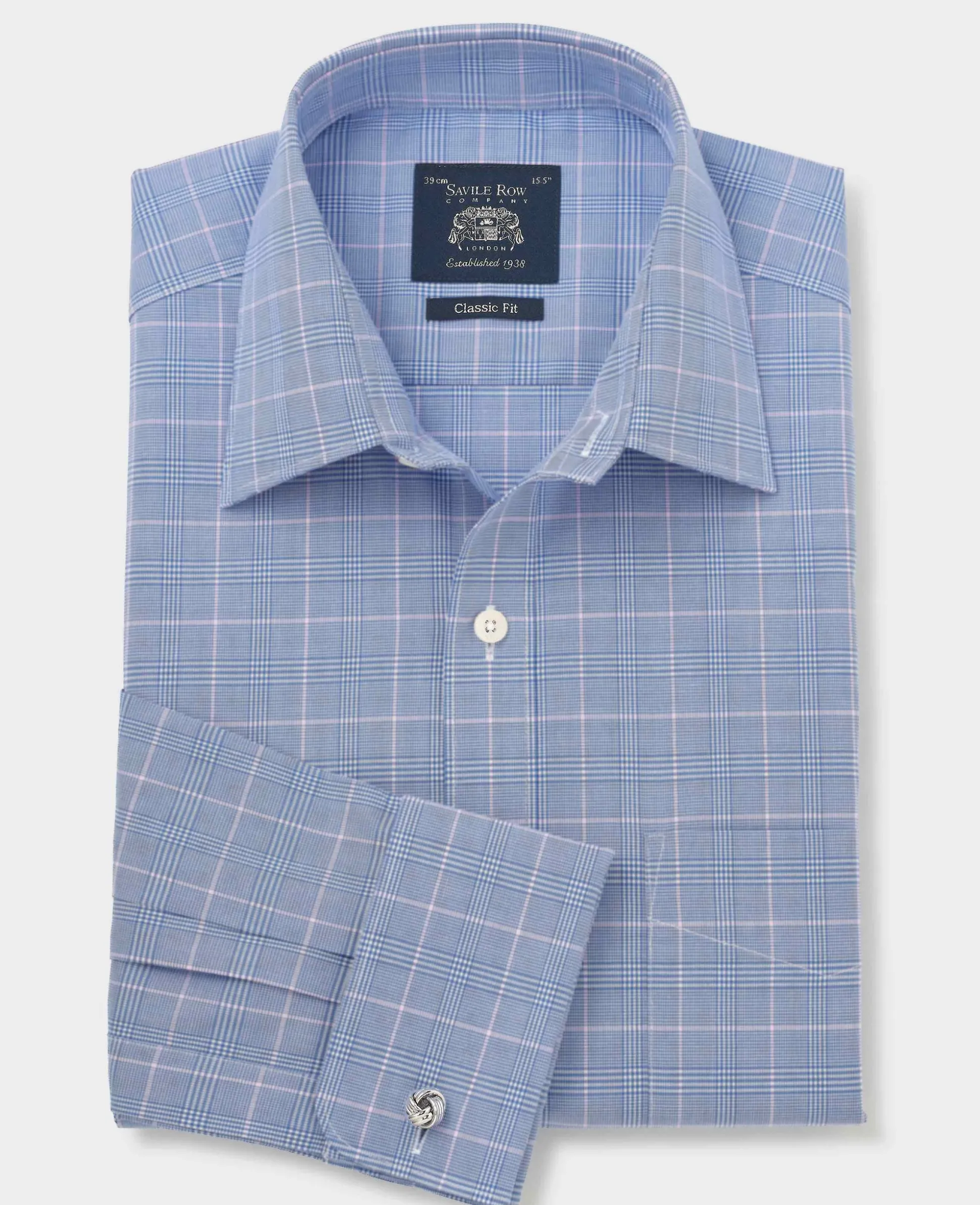 Blue Prince of Wales Check Cotton Classic Fit Winchester Formal Shirt - Double Cuff