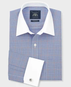 Blue Prince of Wales Check Cotton Poplin Classic Fit Winchester Formal Shirt - Double Cuff