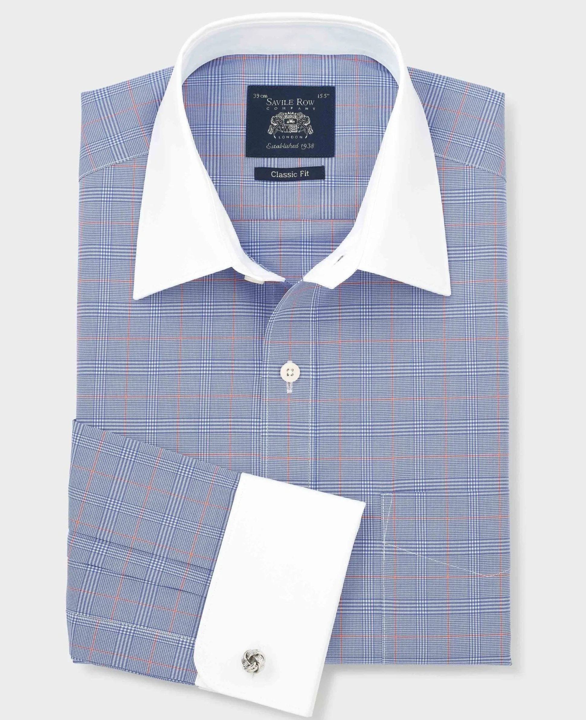 Blue Prince of Wales Check Cotton Poplin Classic Fit Winchester Formal Shirt - Double Cuff