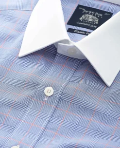 Blue Prince of Wales Check Cotton Poplin Classic Fit Winchester Formal Shirt - Double Cuff