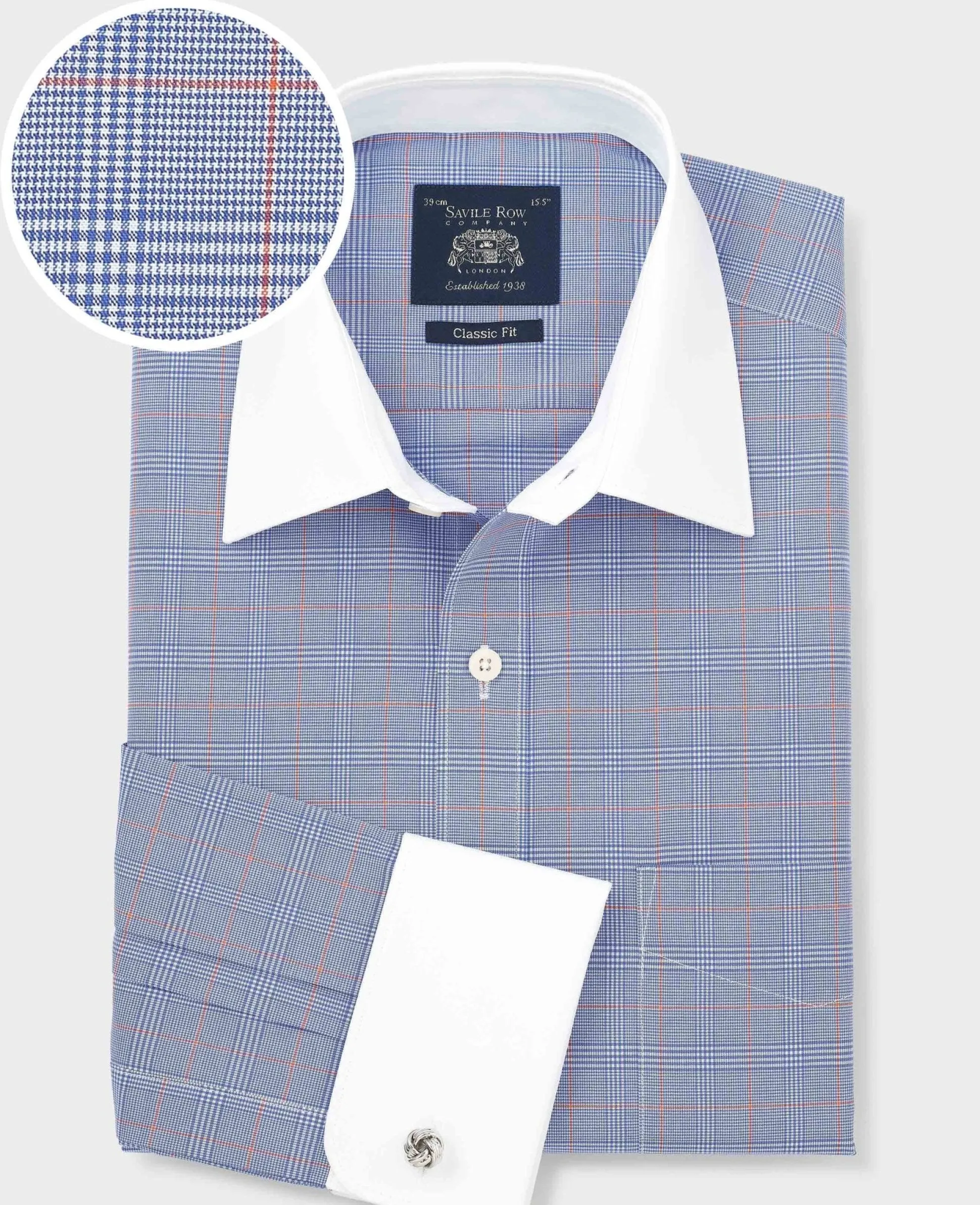 Blue Prince of Wales Check Cotton Poplin Classic Fit Winchester Formal Shirt - Double Cuff