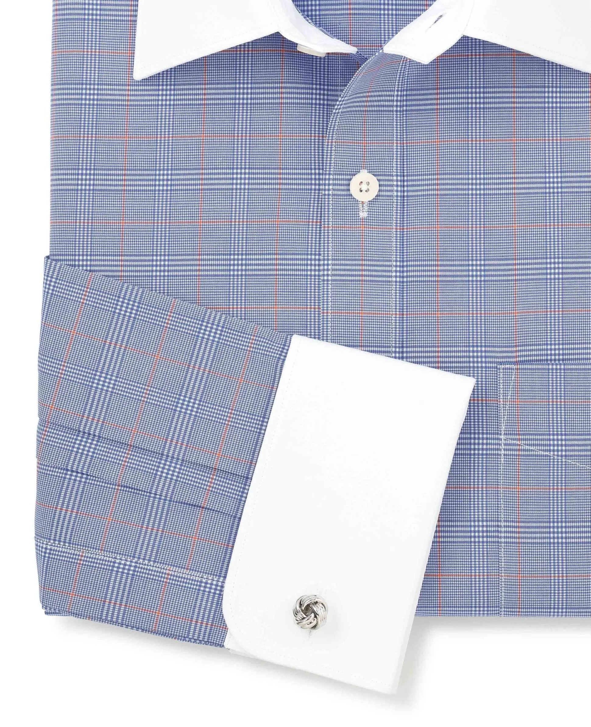 Blue Prince of Wales Check Cotton Poplin Classic Fit Winchester Formal Shirt - Double Cuff