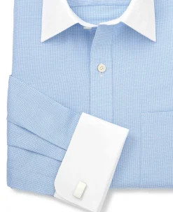 Blue Puppytooth Classic Fit Contrast Collar Shirt - Double Cuff
