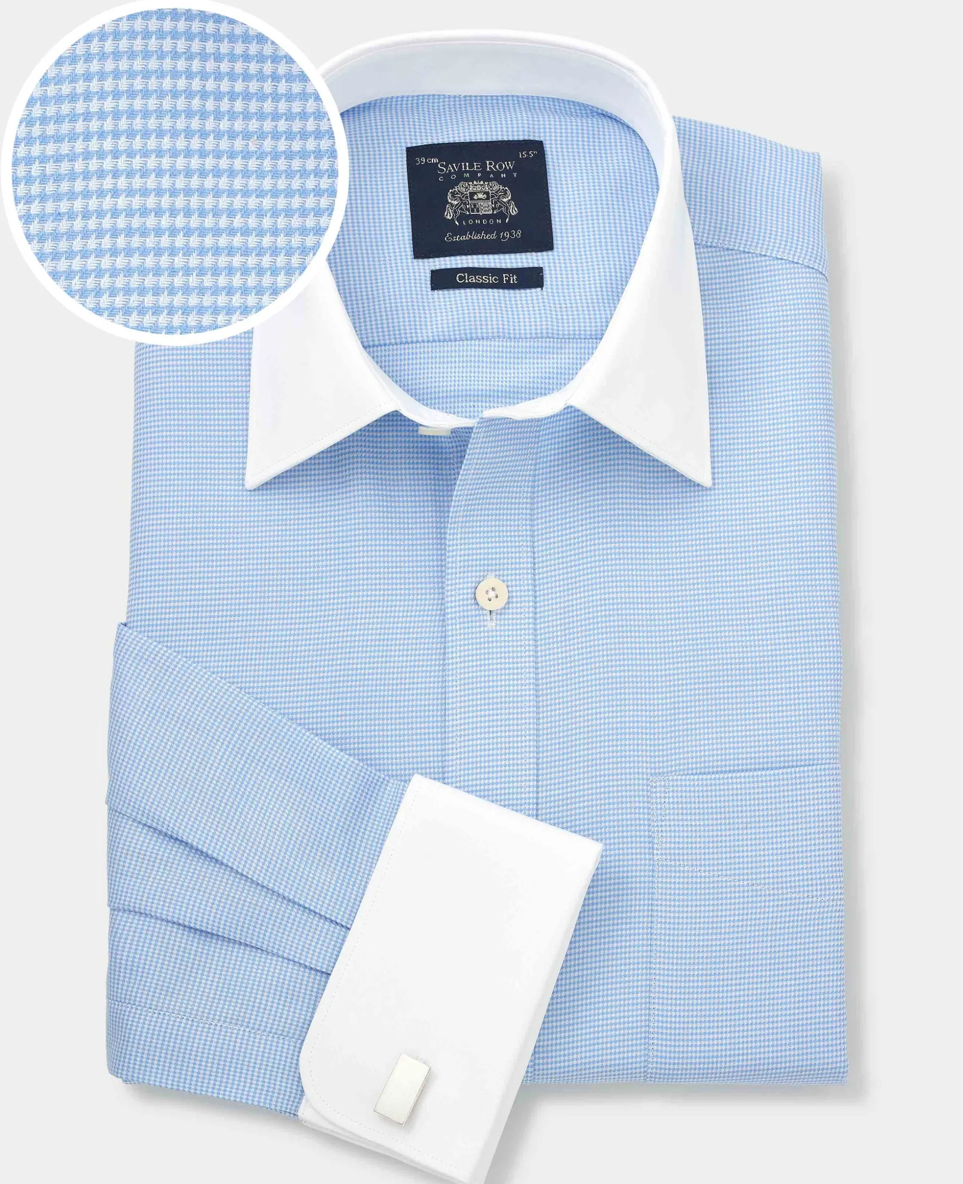 Blue Puppytooth Classic Fit Contrast Collar Shirt - Double Cuff