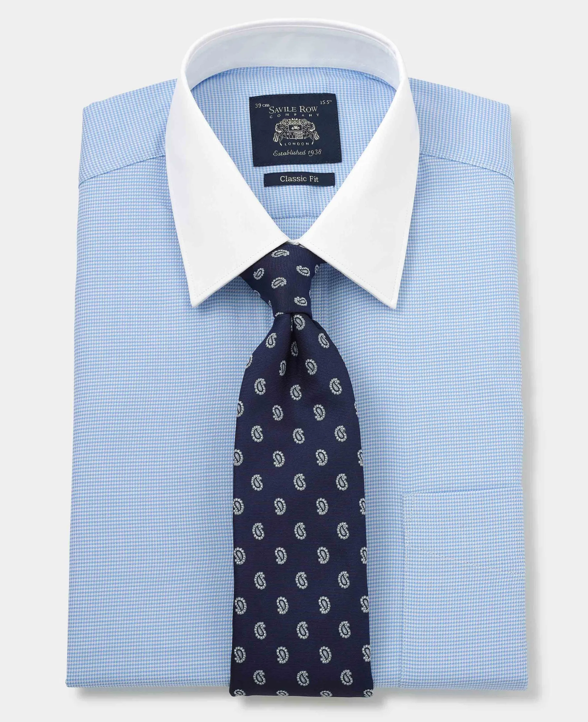 Blue Puppytooth Classic Fit Contrast Collar Shirt - Double Cuff