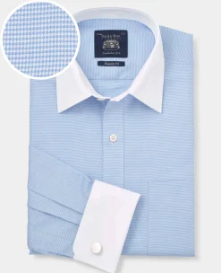 Blue Textured Cotton Puppytooth Classic Fit Winchester Formal Shirt - Double Cuff