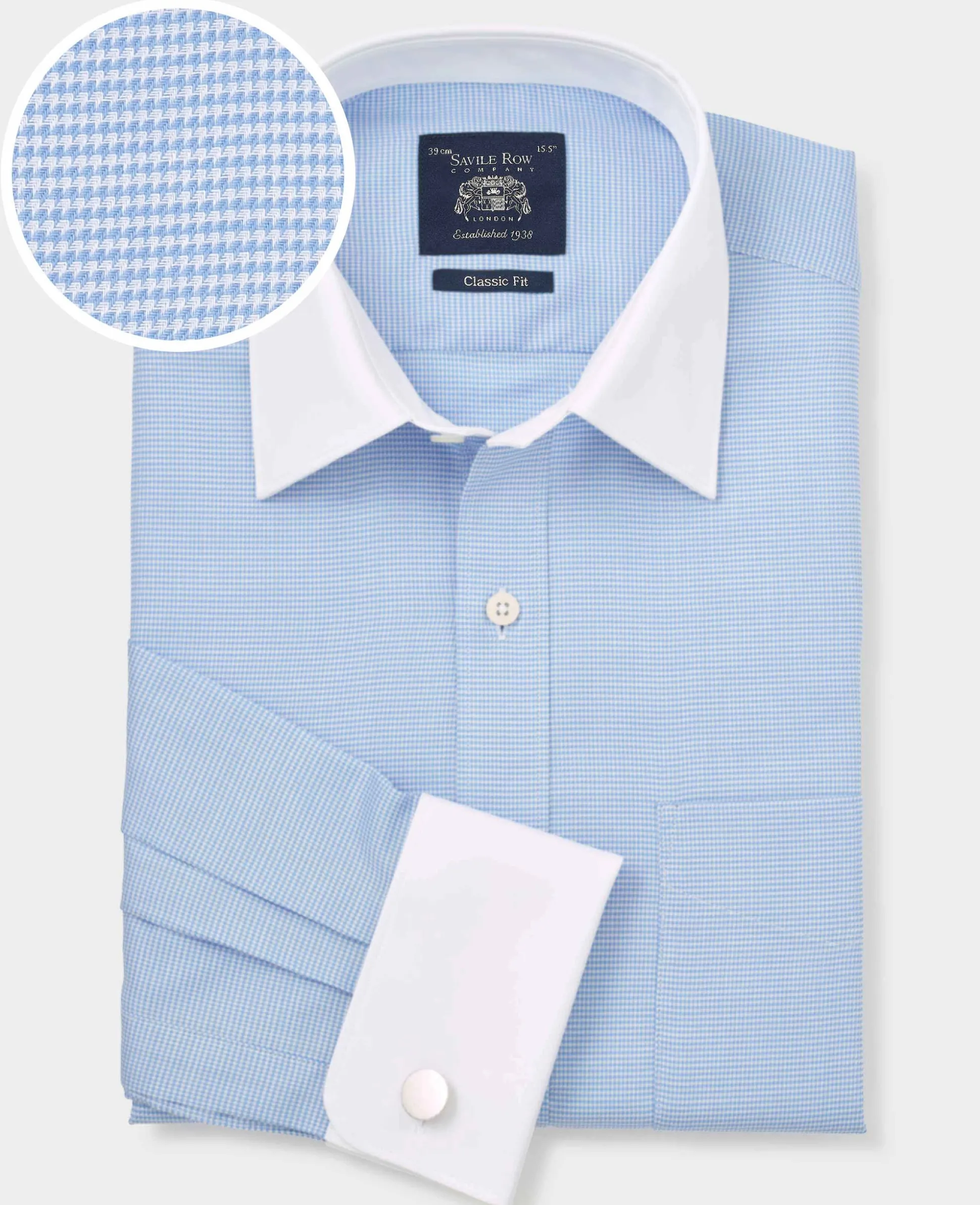 Blue Textured Cotton Puppytooth Classic Fit Winchester Formal Shirt - Double Cuff