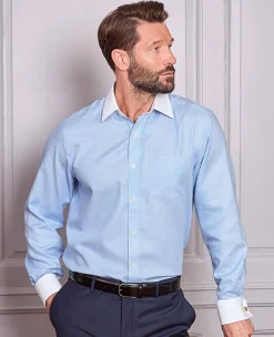 Blue Textured Cotton Puppytooth Classic Fit Winchester Formal Shirt - Double Cuff