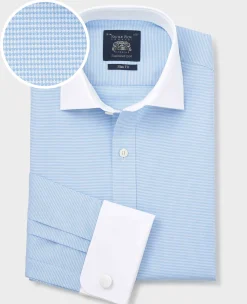 Blue Textured Cotton Puppytooth Slim Fit Winchester Formal Shirt - Double Cuff