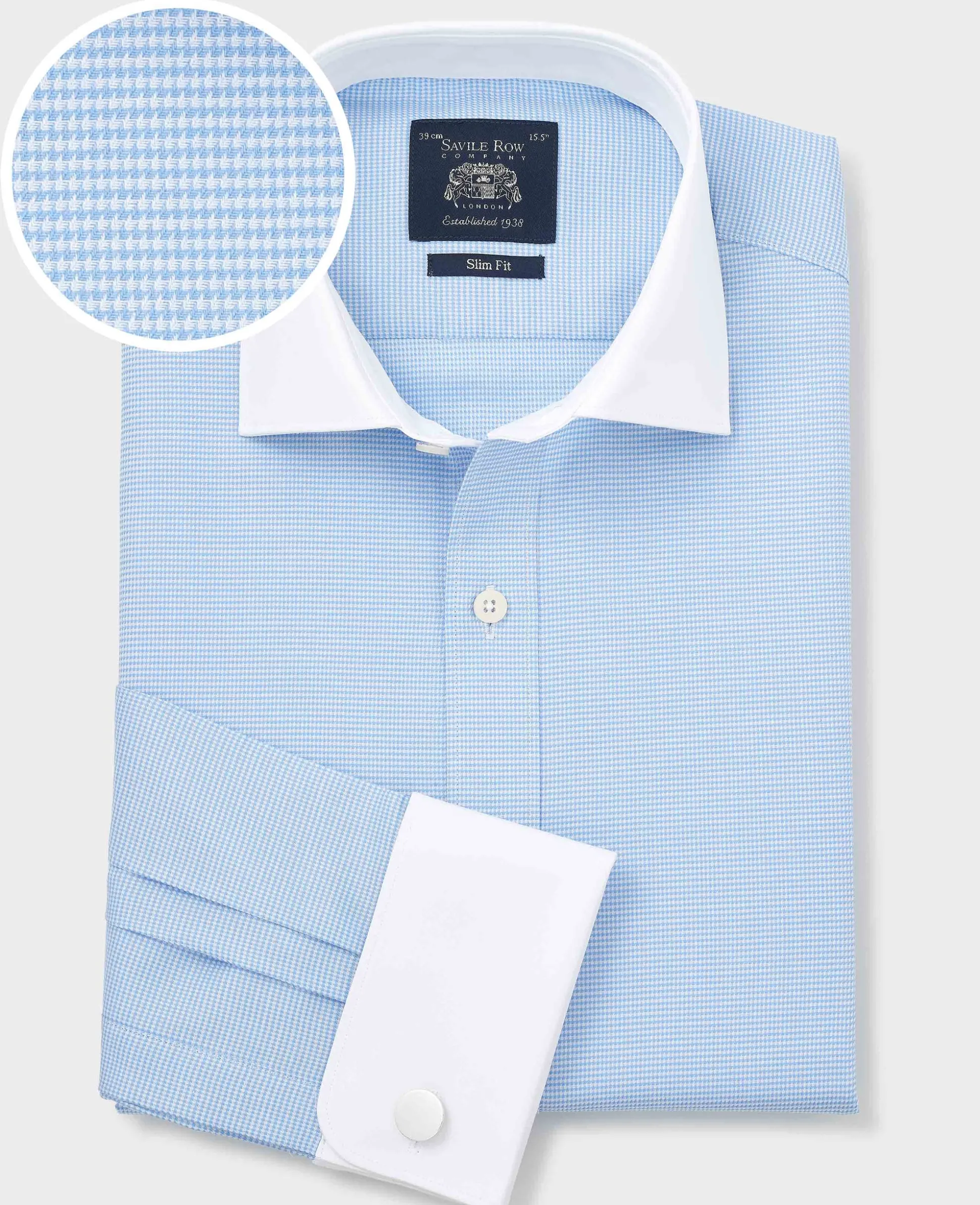 Blue Textured Cotton Puppytooth Slim Fit Winchester Formal Shirt - Double Cuff