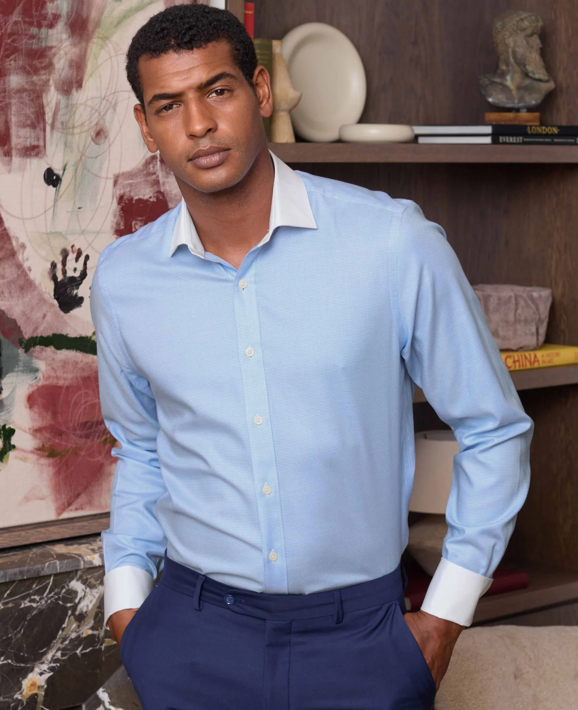 Blue Textured Cotton Puppytooth Slim Fit Winchester Formal Shirt - Double Cuff