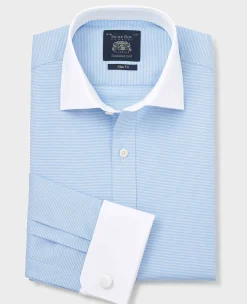 Blue Textured Cotton Puppytooth Slim Fit Winchester Formal Shirt - Double Cuff