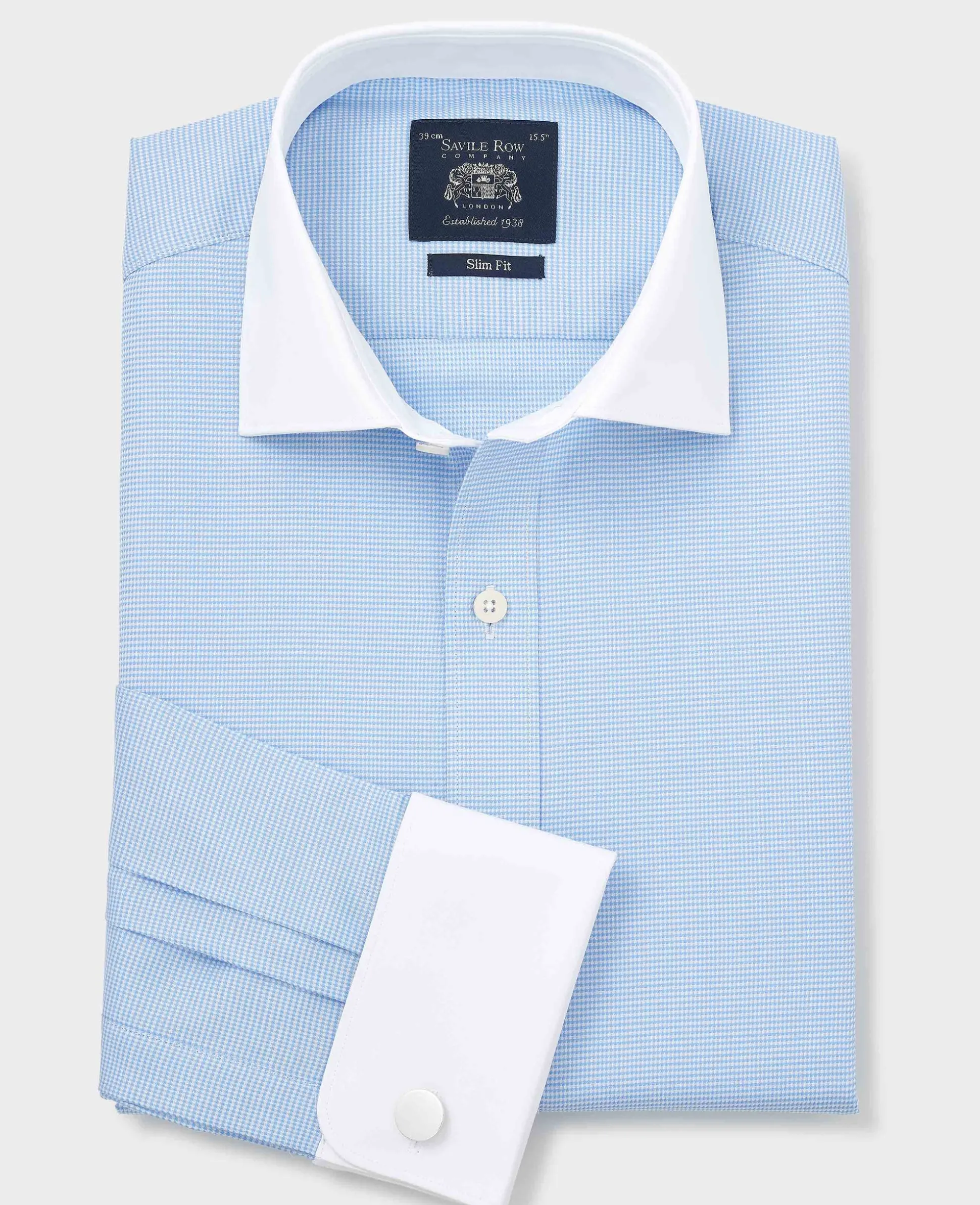 Blue Textured Cotton Puppytooth Slim Fit Winchester Formal Shirt - Double Cuff