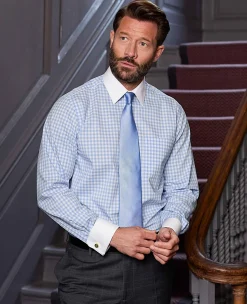 Blue White Cotton Gingham Check Classic Fit Winchester Formal Shirt - Double Cuff