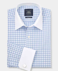 Blue White Cotton Gingham Check Classic Fit Winchester Formal Shirt - Double Cuff