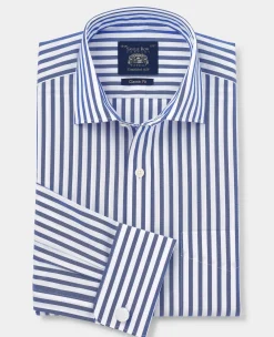 Blue White Cotton Poplin Striped Classic Fit Formal Shirt - Double Cuff