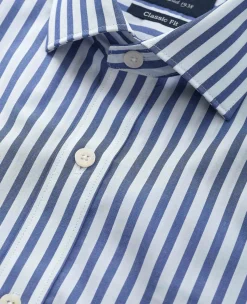Blue White Cotton Poplin Striped Classic Fit Formal Shirt - Double Cuff