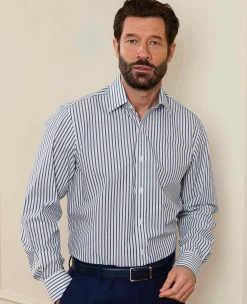 Blue White Cotton Poplin Stripe Classic Fit Formal Shirt - Single Cuff