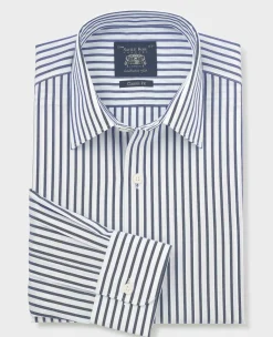 Blue White Cotton Poplin Stripe Classic Fit Formal Shirt - Single Cuff