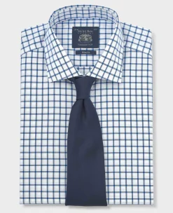 Blue White Cotton Poplin Window Check Slim Fit Formal Shirt - Single Cuff