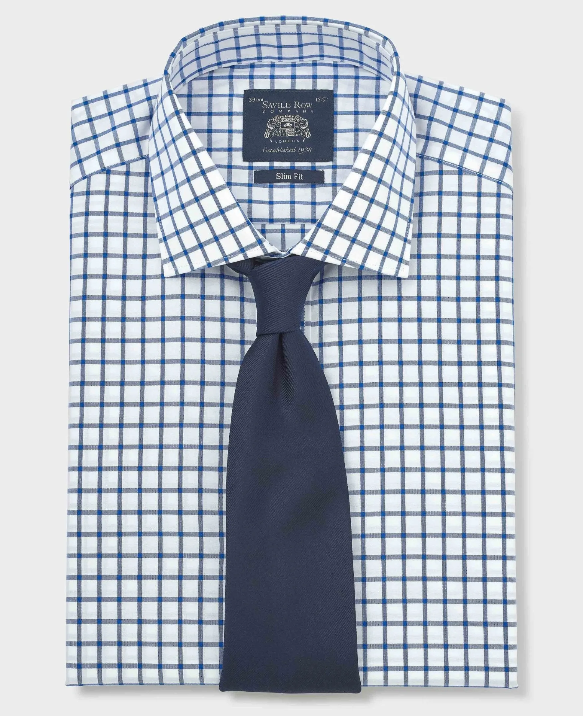 Blue White Cotton Poplin Window Check Slim Fit Formal Shirt - Single Cuff
