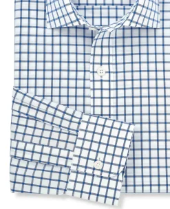 Blue White Cotton Poplin Window Check Slim Fit Formal Shirt - Single Cuff