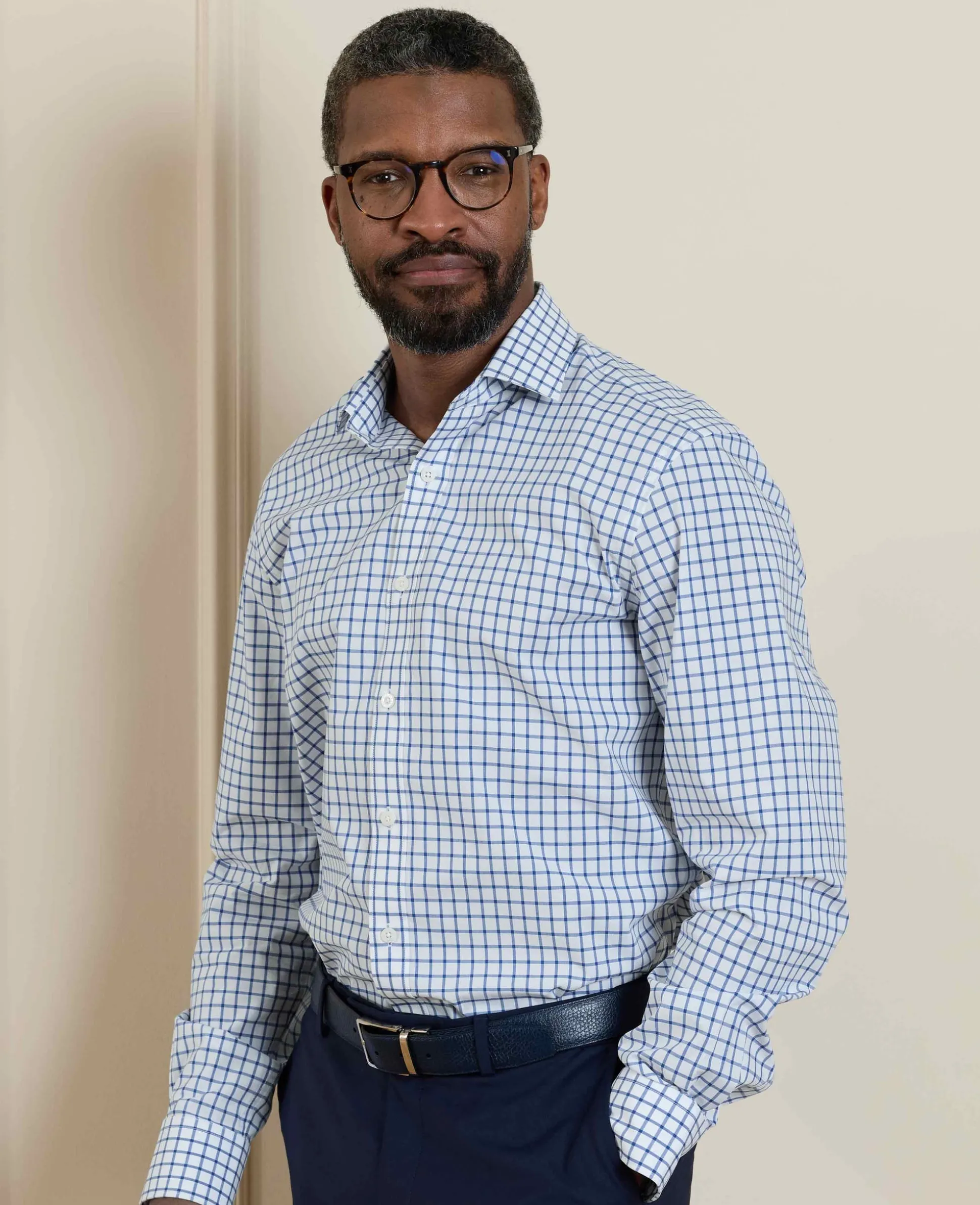 Blue White Cotton Poplin Window Check Slim Fit Formal Shirt - Single Cuff