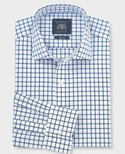 Blue White Cotton Poplin Window Check Slim Fit Formal Shirt - Single Cuff